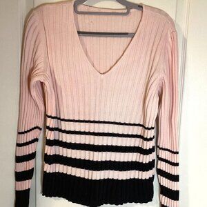 Woman's Sweater Size L Striped V-Neck Sailing Beach Tennis Preppy Pull-over